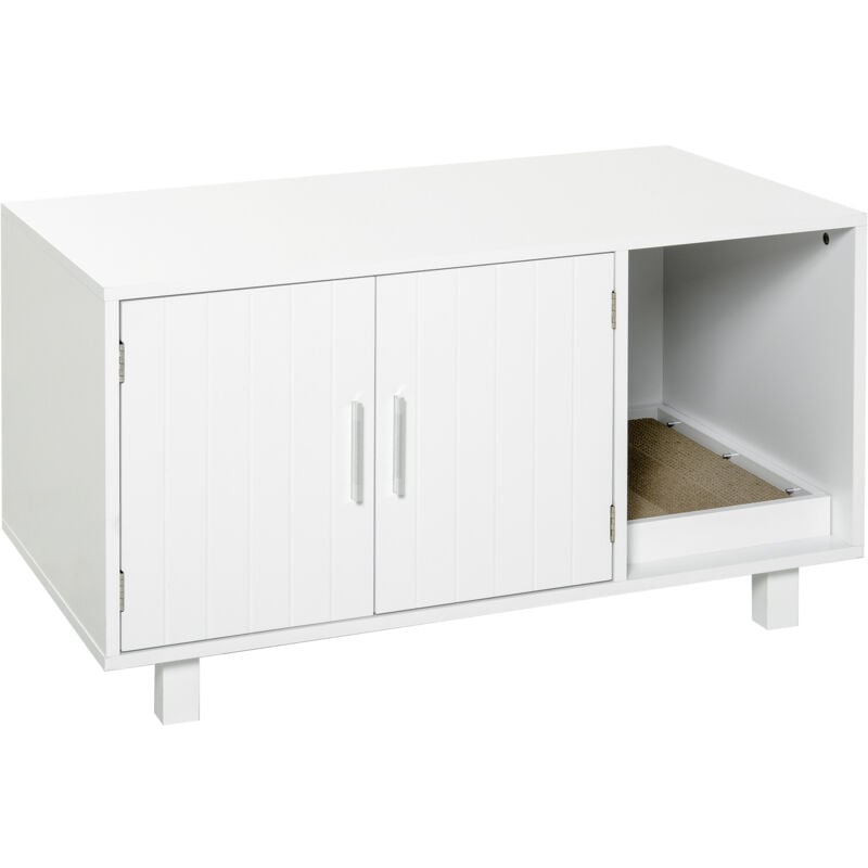 Maison de toilette pour chat - 2 portes, niche, grattoir amovible - mdf blanc