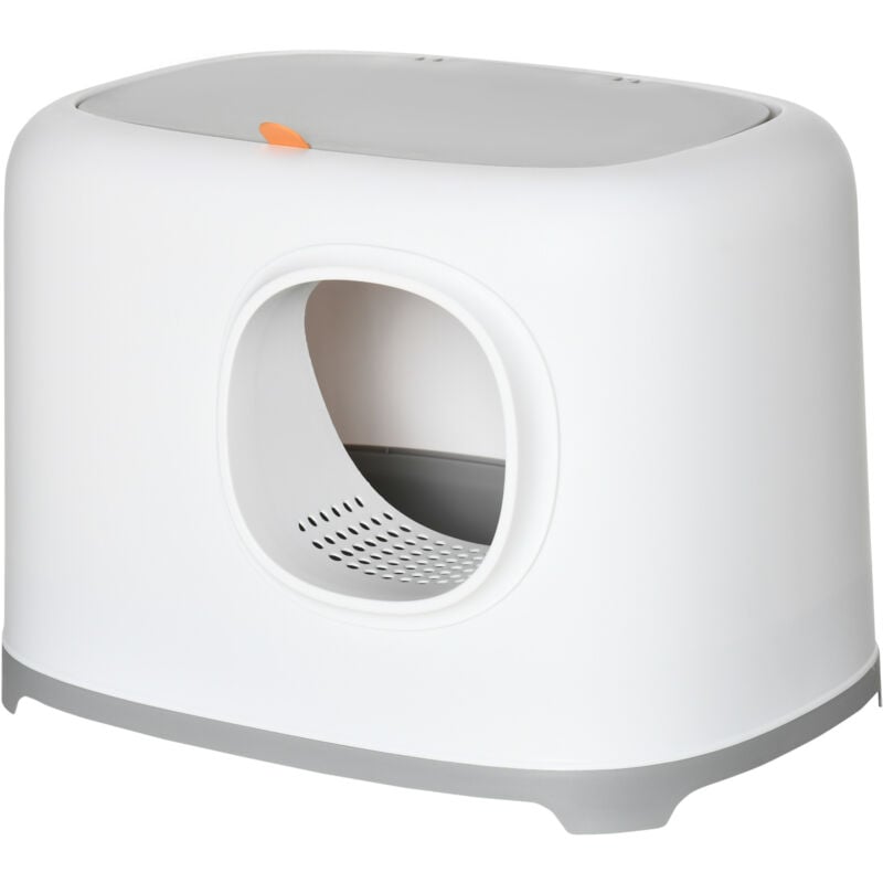 Maison de toilette litière pour chat - porte, couvercle ouvrant - pelle incluse - blanc gris clair