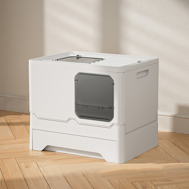 Maison de Toilette pour Chat Bac à Litière Fermé Amovible et Pliable Nettoyage Facile 45x35x38cm Blanc