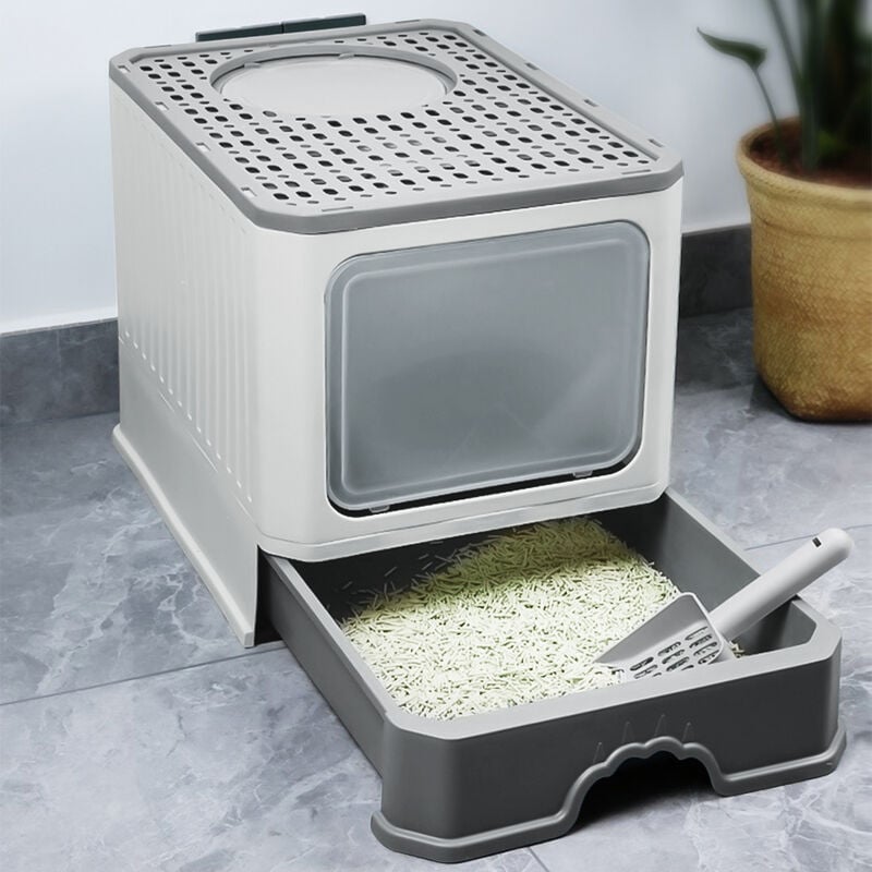 Maison de Toilette pour Chat, Bac à litière pliable pour chat, Bac à Litière Fermé avec bacs amovibles, avec Pelle à Litière, Gris