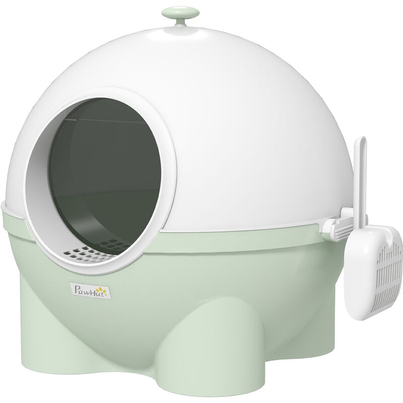 Maison de toilette pour chat design boule - porte battante, couvercle amovible, pelle - pp vert blanc