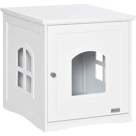 Maison de toilette pour chat design maisonnette avec porte, fenêtres - dim. 48,7L x 53,3l x 53H cm - MDF blanc