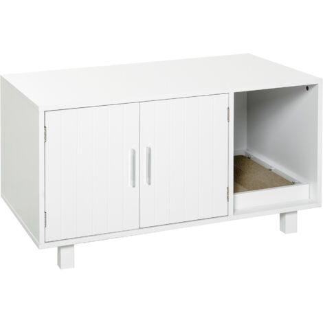 Maison de toilette pour chat, meuble 2 portes, compartiment griffoir, table d'appoint, 50,5H x 91L x 52l cm, MDF, blanc