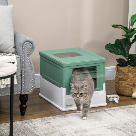 Maison de toilette pour chat pliable double porte battante et supérieure pelle fourni 47.5 x 35.5 x 36.7 cm vert
