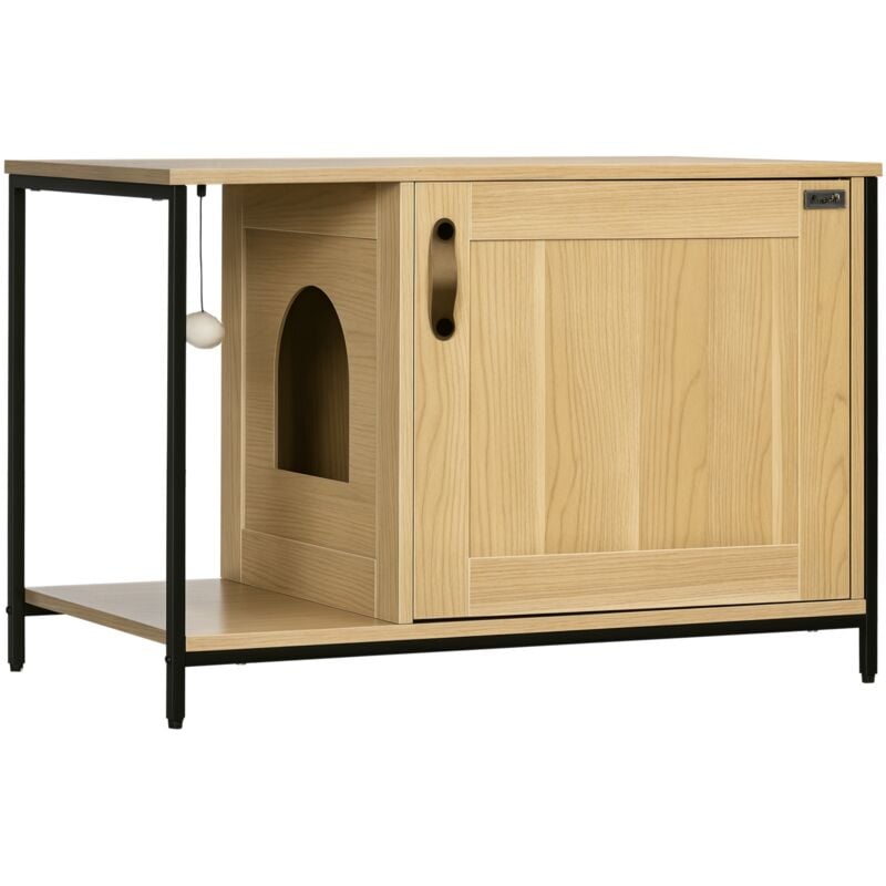 Maison de toilette pour chat style industriel porte entrée latérale boule suspendue châssis acier aspect bois clair