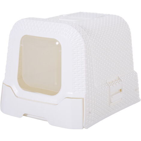 Maison de toilette pour chat tiroir à litière coulissant porte battante filtre odeur + pelle fournis 54L x 42l x 41H cm blanc - Blanc