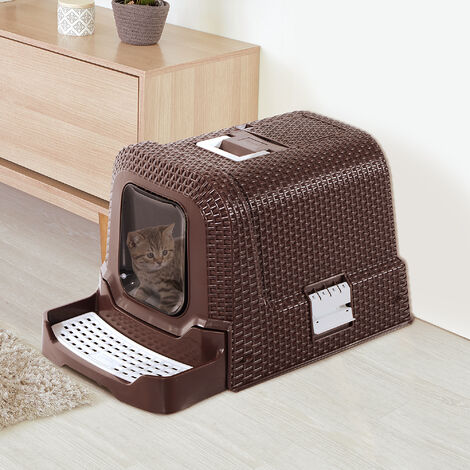 Maison De Toilette Pour Chat Tiroir A Litiere Coulissant Porte Battante Filtre Odeur Pelle Fournis 54l X 42l X 41h Cm Chocolat