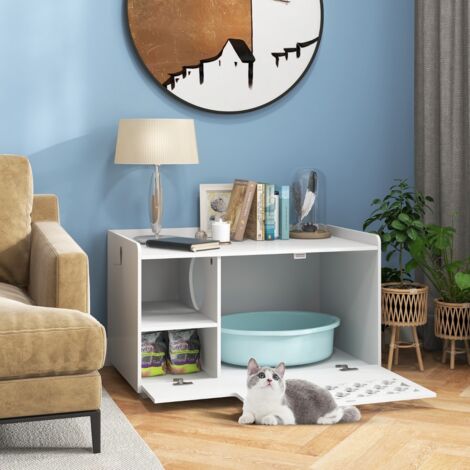 Maison de Toilettes pour Chat avec Coussin Amovible Meuble Bac à Litière avec Crochet Latéral et Porte Rabattable Blanc