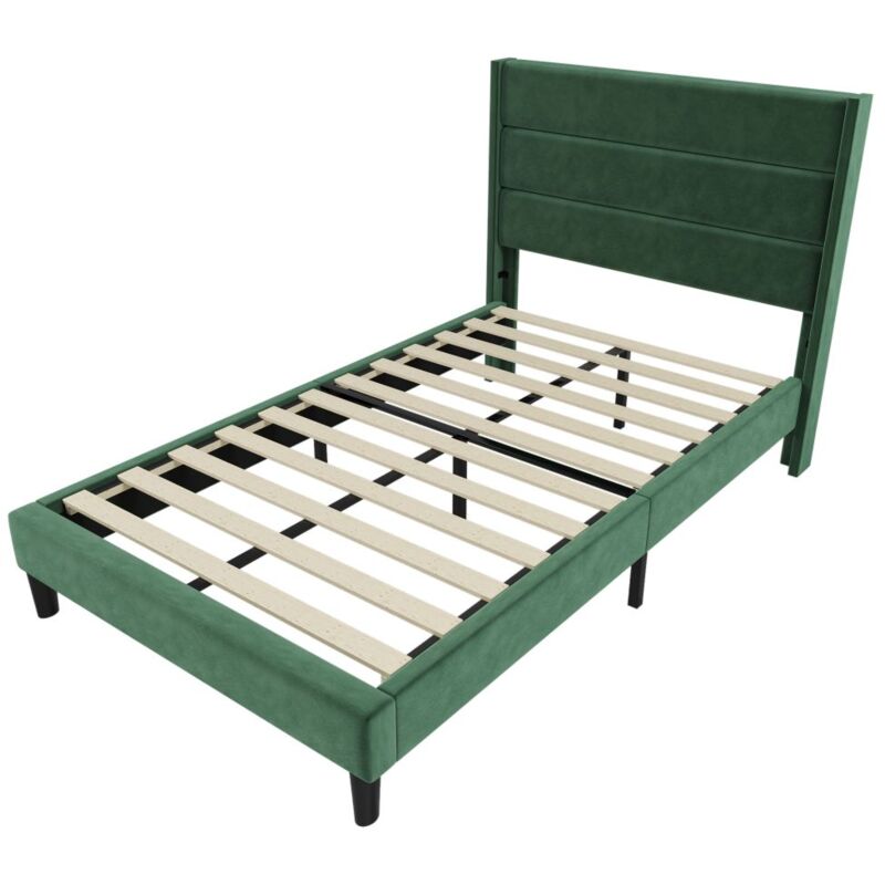 Prolenta Premium - Cadre de lit adulte double, lit capitonné 90 x 200 cm, velours vert foncé, design moderne
