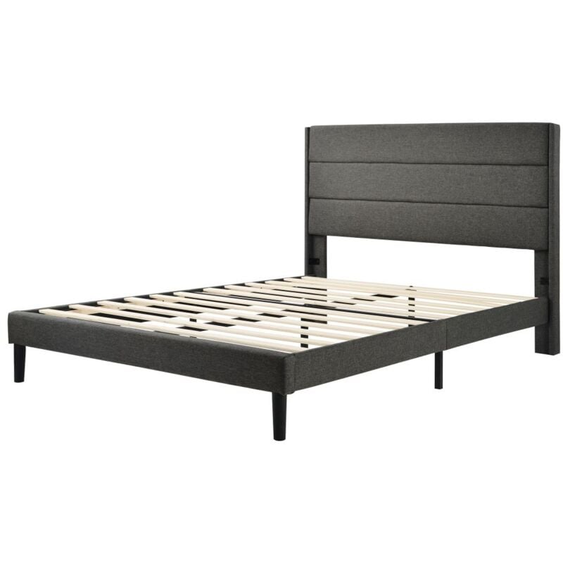 Cadre de lit double adulte, lit capitonné 140 x 200 cm, tissu lin gris foncé, design moderne