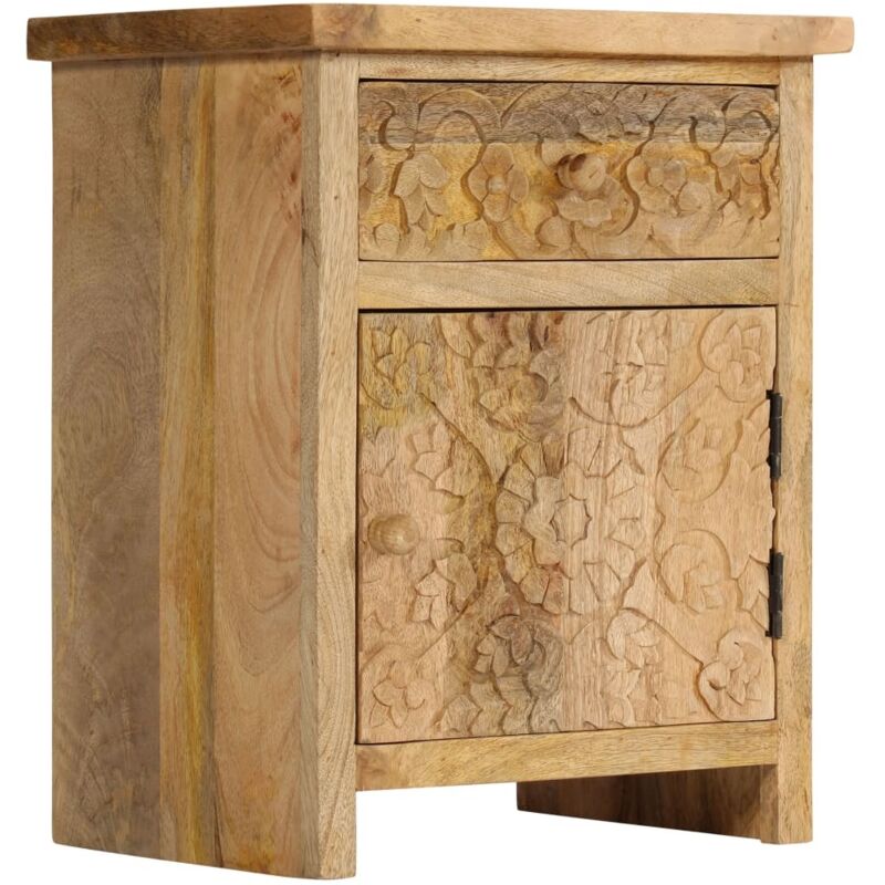 Table de chevet en bois à mangue avec porte et tiroir finement sculptés