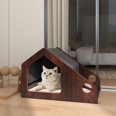 Maison en Bois pour Chat d'Intérieur Condo Polyvalent avec Station d'Alimentation Toit Amovible & Structure Métallique Meuble pour Chatons