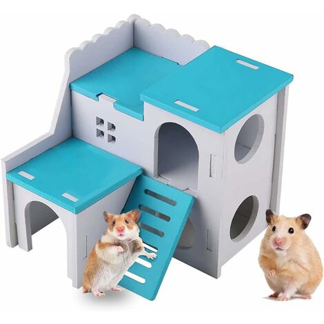 Maison en Bois pour Hamster,Triomphe Cabane pour Petit Animal de se Cacher, Équipé de l'échelle, Cabane de Deux Étages pour Hamster, Chinchilla, Chat, Gerbille et Souris (Bleu)