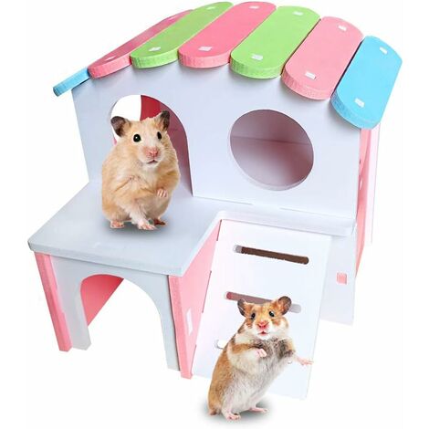 Maison en Bois pour Hamster,Triomphe Cabane pour Petit Animal de se Cacher, Équipé de l'échelle, Cabane de Deux Étages pour Hamster, Chinchilla, Chat, Gerbille et Souris (Rose)