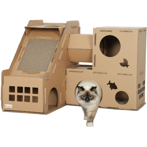 Maison en carton pour chats forme château 2 niveaux avec 3 zones de grattage La rampe du tunnel comprend de l’herbe brune