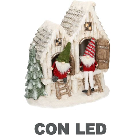 Maison en résine blanche avec led et nains cm40x23h44