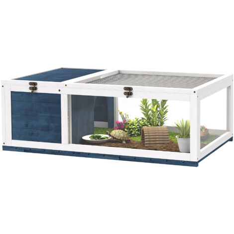 Maison enclos cage habitat pour petit animal tortues avec 2 espaces 91 x 60,5 x 32 cm bois massif bleu