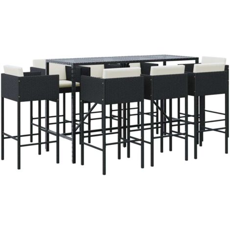 Maison Exclusive - Mesa y taburetes altos jardín 9 piezas y cojines ratán PE negro