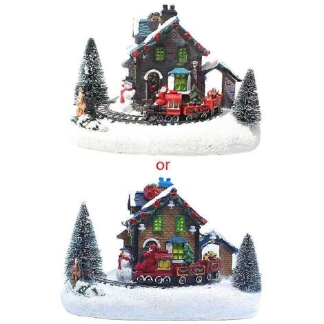Maison illuminée par des lumières LED colorées, petit village de trains de Noël, maison lumineuse