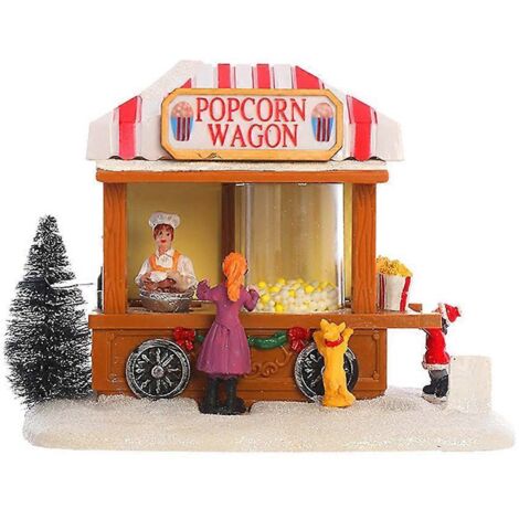 Maison lumineuse LED de Noël en résine, chariot à popcorn, décoration de fête de Noël avec wagon-restaurant animé et musical, scène de village.