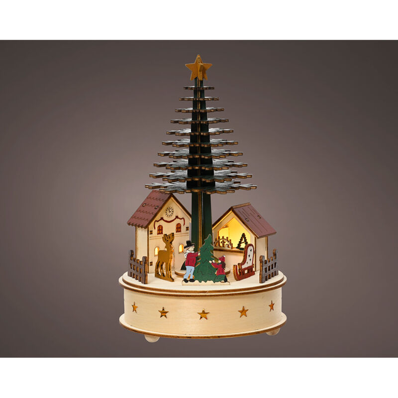 Lumineo Village De Holz Led Mit Szene De Baum, 25 Cm De Höhe, Musikalisch, Led White Warm, Drehbarer Baum