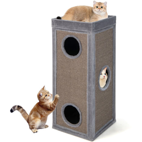Maison pour Chat à 4 Étages, Tonneau Griffoir, 3 Condos, 2 Planches à Griffer en Sisal, Plateformes, 4 Coussins Amovible, Peluche Douce