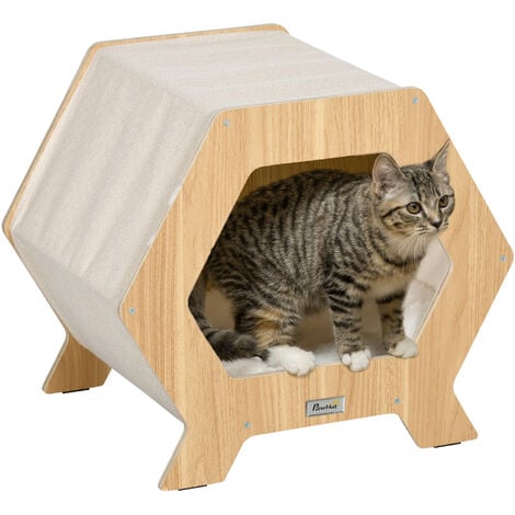 Maison pour chat design hexagonal - niche chat panier chat - coussin fourrure amovible, grattoir jute naturelle - contreplaqué aspect bois clair - Beige