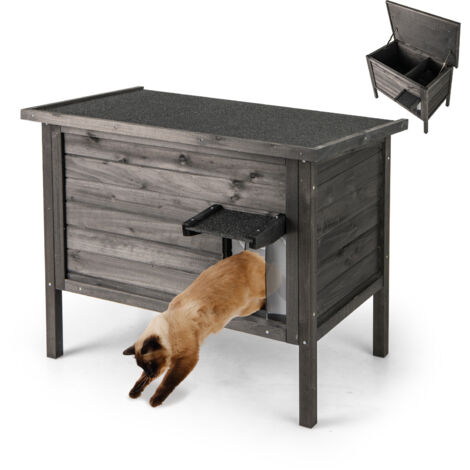 Maison pour Chat d'Extérieur Isolée, Abri pour Chat en Bois avec Isolation en Polystyrène, Double Chambre, Toit en Asphalte Ouvrable, pour Chatons