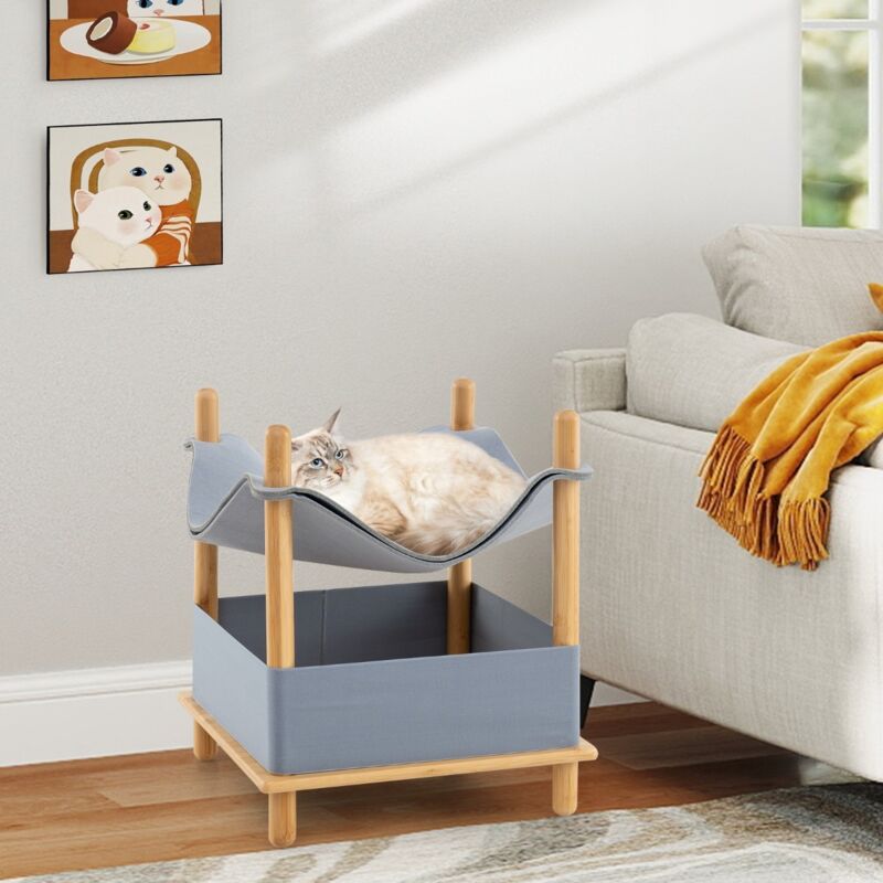Maison pour Chat en Bois à 2 Niveaux Arbre à Chat Moderne avec Condo Semi-Clos Vêtements Amovibles Espace de Rangement Lit Hamac Élevé Gris
