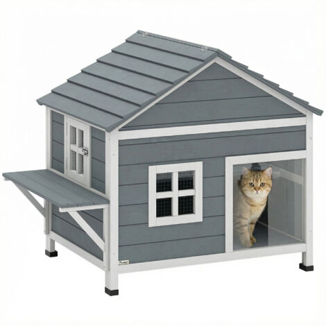 Maison pour chat en bois à 2 niveaux avec toit ouvrant imperméable, plateforme latérale, 101x72,5x81cm, Gris