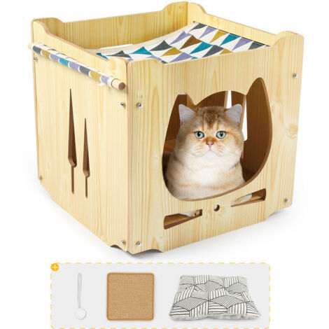 Maison pour Chat en Bois avec Hamac Niche pour Chat Chat Tapis Griffoir et coussin amovibles et balle à suspendre, bois naturel, 38x38x38cm - Bois naturel