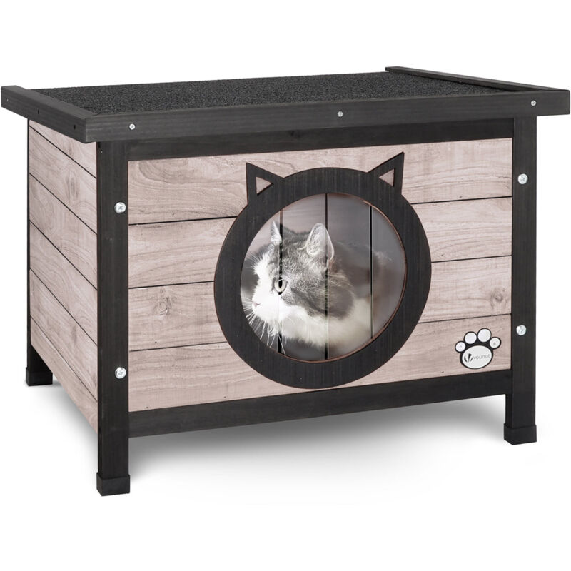 Maison pour chat niche en bois gris - toit bitumé autoportant et amovible - porte à lamelles