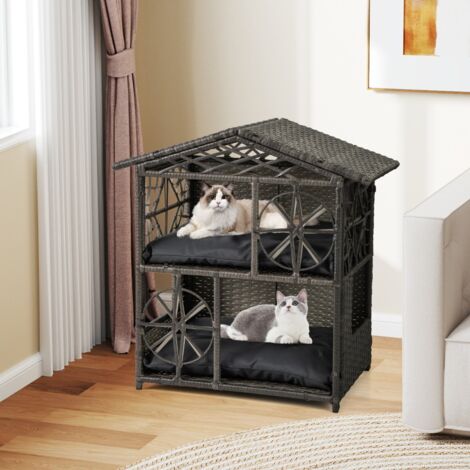 Maison pour Chat en Rotin à 2 Étages Niche pour Chatons avec Coussins Amovibles Toit Fenêtres & Portes Abri Gris