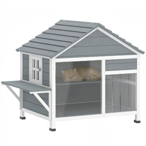 Maison pour Chat Extérieur Toit Ouvrant Fenêtre Panoramique Porte à Lamelles et Plateforme de Repos 101x72.5x81cm Gris