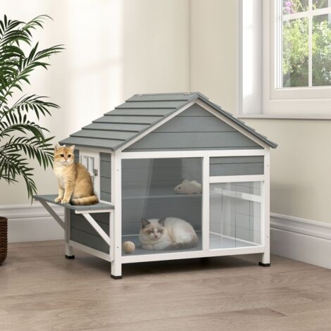 Maison pour Chat Extérieur Toit Ouvrant Fenêtre Panoramique Porte à Lamelles et Plateforme de Repos