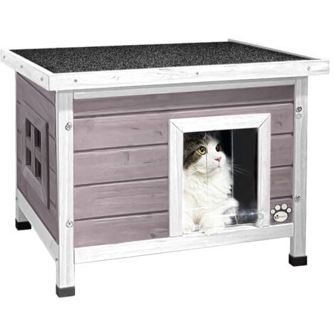 Maison pour chat niche en bois gris - toit bitumé autoportant et incliné - porte à lamelles -  fenêtre en plexiglas