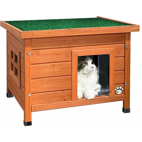 Maison pour chat niche en bois - toit bitumé autoportant et incliné - porte à lamelles -  fenêtre en plexiglas