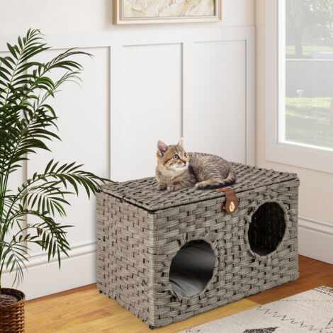 Maison pour Chat Niche Pliable en Rotin PE, Maison, avec Coussin Amovible, Couvercle Verrouillable, Meuble Chaton avec 2 Entrées, 60 x 35 x 35CM, Gris
