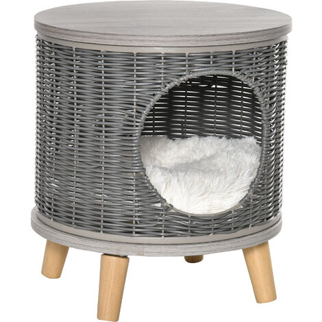 Maison pour chat panier chat style scandinave coussin aspect fourrure blanc inclus dim. Ø 36 x 40,5H cm pieds bois pin résine tressée gris - Gris