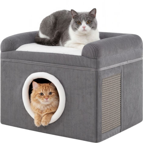 Maison pour Chat Pliable à 2 Niveaux, Condo, Tapis à Griffer en Sisal, Niche Chat Interieur, Coussin Doux, Charge 15 KG, 49 x 41 x 39 CM, Gris