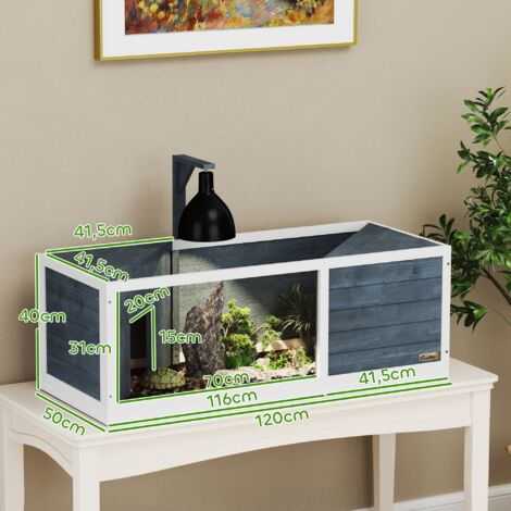 Maison pour tortue avec toit facile à ouvrir, support de lampe, façade transparente, 120 x 50 x 40 cm, grise