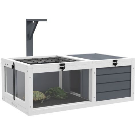 Maison pour tortues 2 pièces, couvercle, plastique/bois avec fenêtre, gris, 81×48×31,5 cm, refuge sécurisé pour reptiles