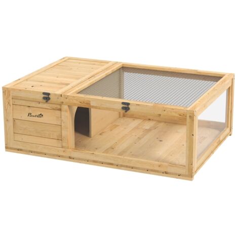 Maison pour tortues en bois. Enclos pour les tortues avec des pièces principales. La partie supérieure de la maison peut être ouverte. Dimensions : 91 x 60,5 x 32 cm. Couleur : jaune.