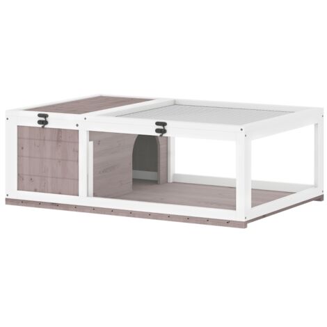 Maison pour tortues en bois. L’enclos pour les tortues est doté de pièces principales dont la partie supérieure peut être ouverte. Les dimensions sont de 91x60,5x32 cm. Couleur : brun.