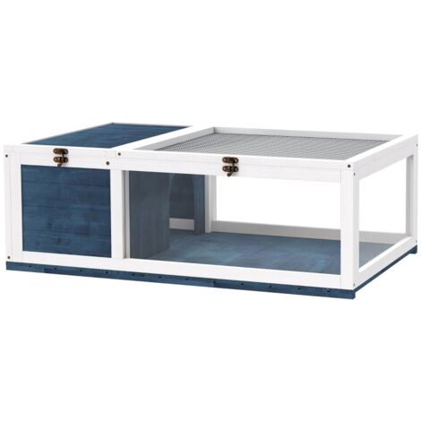 Maison pour tortues en bois. L’enclos pour les tortues se compose de pièces principales dont la surface extérieure peut être ouverte. Les dimensions sont de 91x60,5x32 cm. Couleur : bleu.