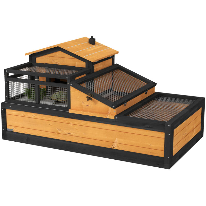 Maison pour tortues terrestres, 2 niveaux, intérieur/extérieur, tiroir, bois de sapin, couleur jaune