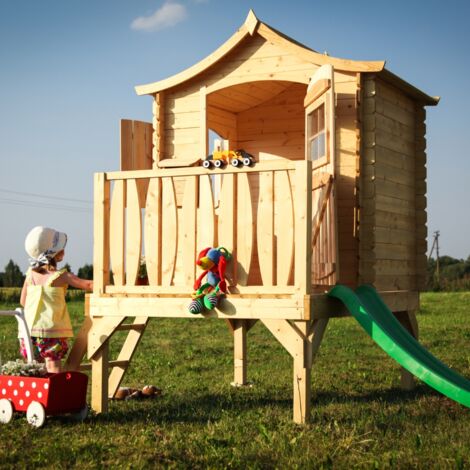 Maison sur pilotis pour enfants avec toboggan 1.1m2 - Cabane enfant exterieur - 175x146xH212cm - Maisonnette en bois pour enfants - Timbela M550A