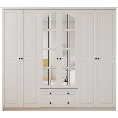 EVUHOME MAISON XL 6 Door 2 Drawer Mirrored White Wardrobe