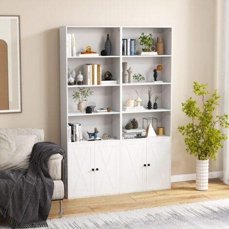 Maisonchic – Bibliothèque 5 niveaux 180 cm – 6 étagères avec 2 portes – Patins antidérapants et dispositif anti-basculement – Étagère blanche pour salon et bureau