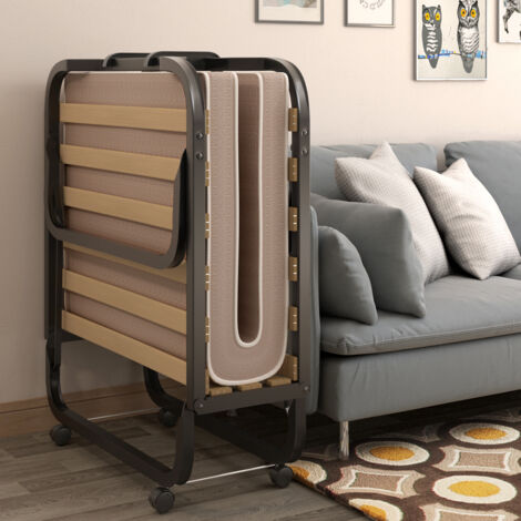 Maisonchic – Lit pliant sur roulettes 80 x 200 cm – Matelas en mousse 10 cm – Cadre en acier – 15 lattes en bois pour soutien optimal